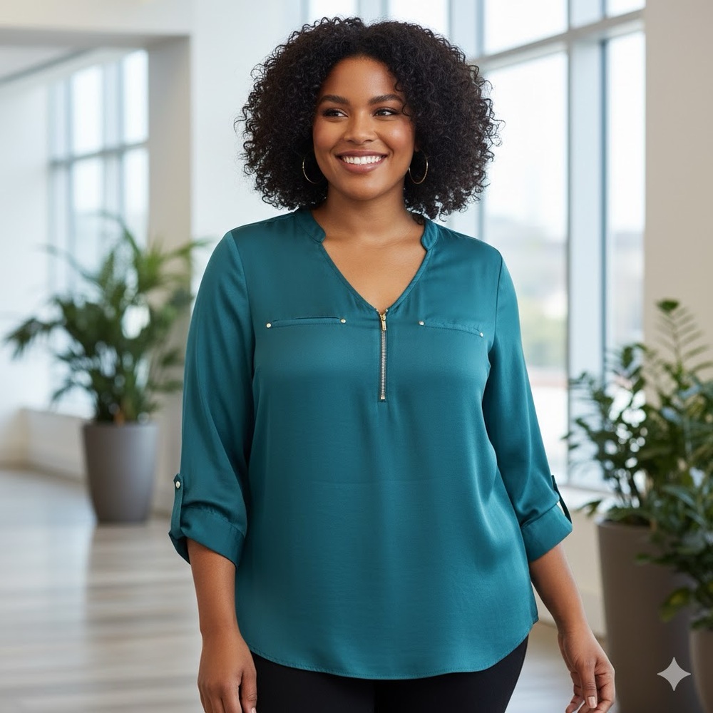 Apt 9 Teal Blouse Roll Tab Sleeves 2X EUC